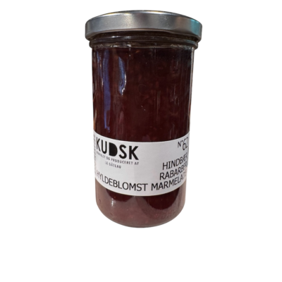 Kudsk marmelade med hindbær, rabarber og hyldeblomst 300 g.