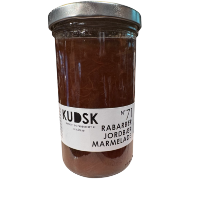 Kudsk marmelade med rabarber og jordbær 300 g.