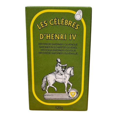Les Celébres D’Henri IV krydret sardiner i olivienolie 120 gram.