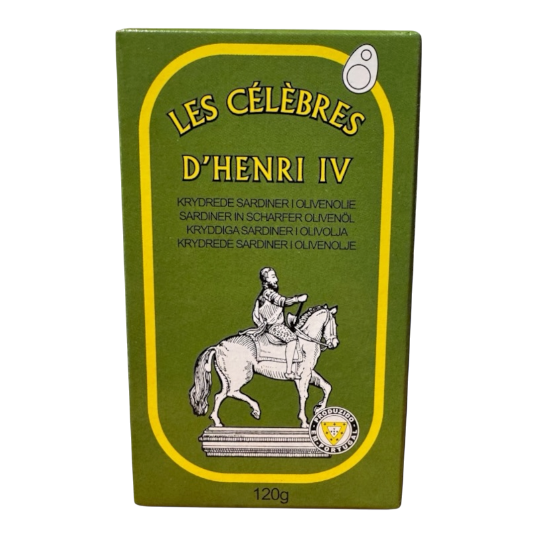 Les Celébres D’Henri IV krydret sardiner i olivienolie 120 gram.