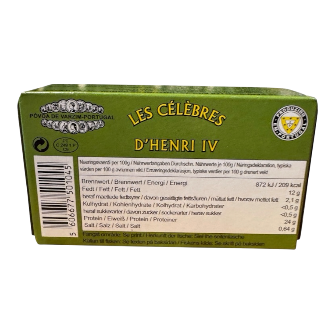 Les Celébres D’Henri IV krydret sardiner i olivienolie 120 gram..png2